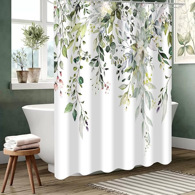 Eucalyptus Shower Curtain, Watercolor Green Leaves on The Top Plant with Floral Bathroom Curtain Bathtub Home Decor Waterproof Fabric Machine Washable with 12 Hooks, (GCI-10251)
