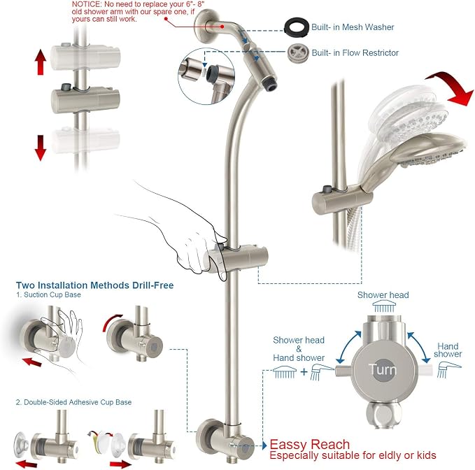 Handheld Showerhead & Rain Shower Combo for Easy Reach, 27.5" Drill-free Stainless Steel Slide Bar, 5”of 5-setting Handheld Shower and Showerhead, with 5ft Hose -Brush Nickel