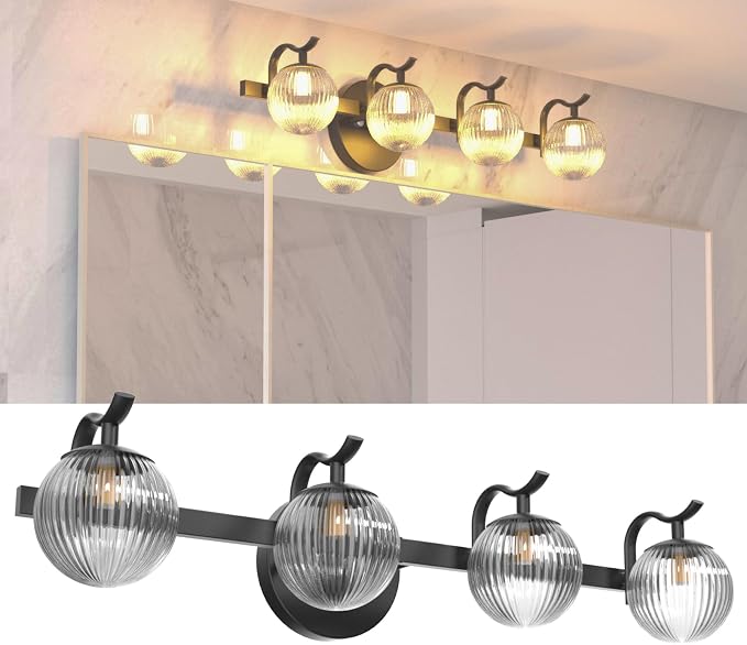 Lightdot Upgrade 4 Light Bathroom Vanity Light, 26" Modern Black Vanity Lights with Waterproof Crystal Ribbed Lampshade, Rust-Proof Bathroom Light Fixtures Over Mirror for Kitchen Hallway Cabinet