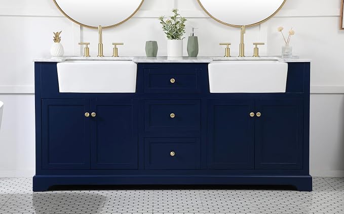 72" Pre-Assembled Bathroom Vanity with Sink, Solid Birch and MDF, Carrara White Marble Countertop Attached, Double Rectangle Porcelain Sink, 3 Soft-Close Drawers, Blue