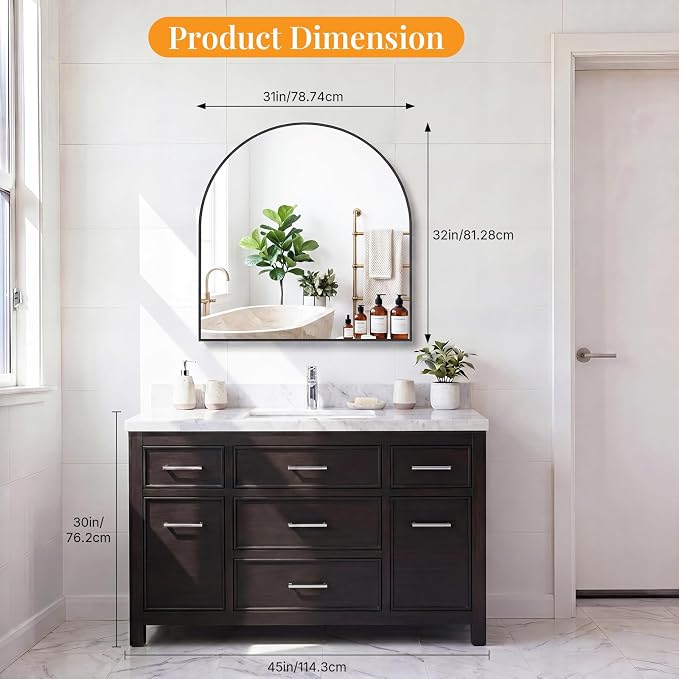 Sweetcrispy Arched Bathroom Mirror, Bathroom Mirrors for Over Sink, 31"x32" | Modern Wall Mirrors Arch Decorative for Entryway, Bedroom, Vanity,Horizontal or Vertical Hanging, Black