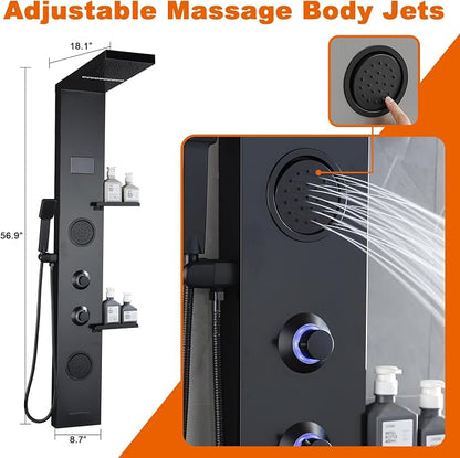 LCD Temperature Display Rainfall Shower Panels Tower System with Storage Shelf, Matte Black LED Light 304 Stainless Steel with Handheld Massage Body Jets Water Waterfall Bathtub