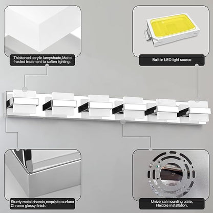 SOLFART 6-Light Bathroom Vanity Lights Above Mirror, Chrome Light Fixtures for Bathroom, LED Vanity Lighting,5 Color Temperature Adjustable,Bath Lighting Fixture Nickel