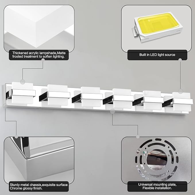 SOLFART 6 Lights Vanity Light Over Mirror,Chrome Bathroom Light Feature Modern LED Dimmable Gloss Chrome Modern Lighting