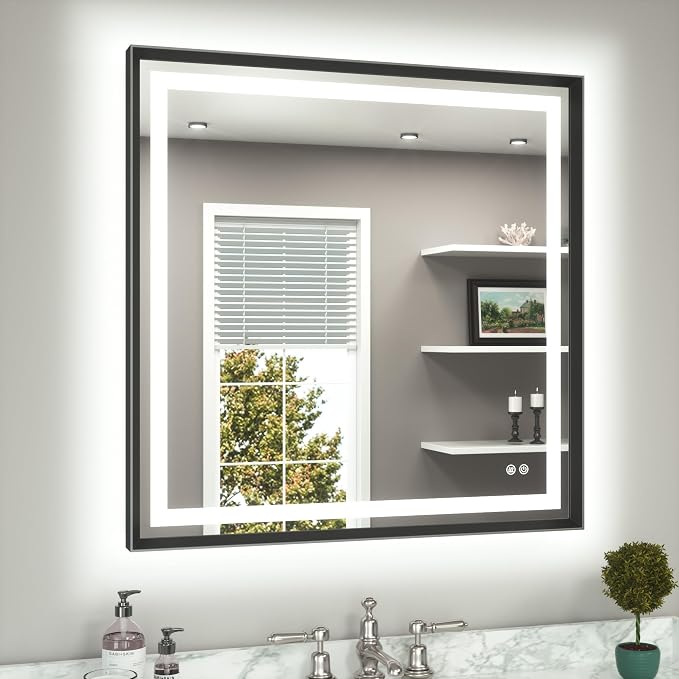 Led Bathroom Mirror 36 x 36 with Brushed Black Frame Anti-Fog Frontlit & Backlit Vanity Mirror Stepless Dimmable Lighted Mirrors for Bathroom Wall 3 Colors White/Warm/Natural Wall-Mounted