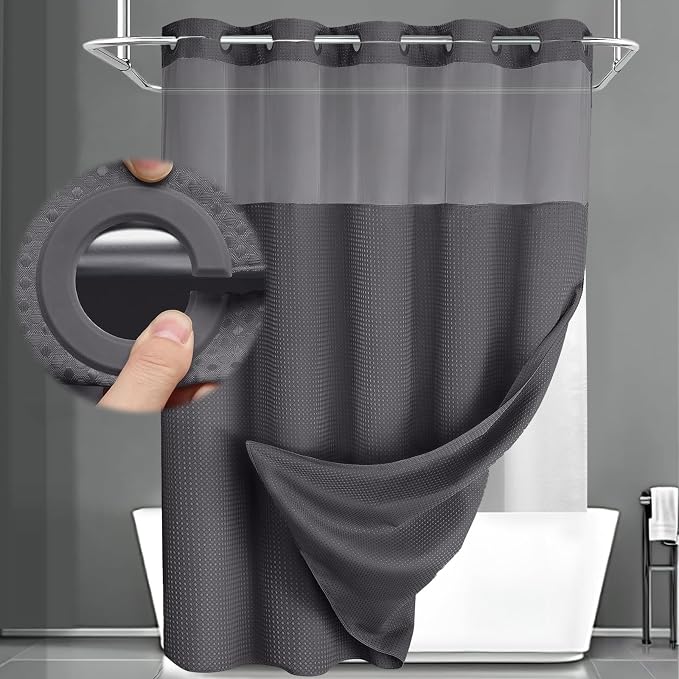 No Hook Shower Curtain and Liner Set,Dark Grey Hotel Waffle Shower Curtain with Liner 75" L x 72" W