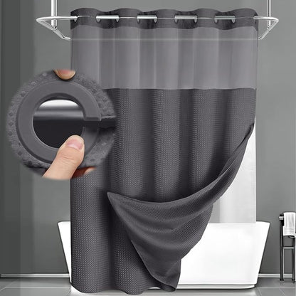 No Hook Shower Curtain and Liner Set,Dark Grey Hotel Waffle Shower Curtain with Liner 75" L x 72" W