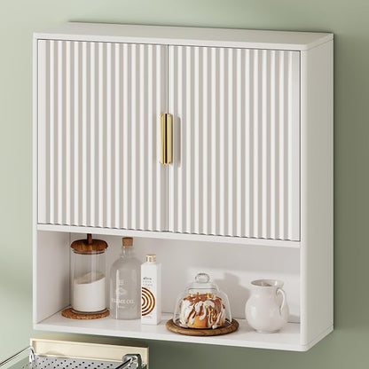 Bathroom Wall Storage Cabinet, Over the Toilet Storage Cabinet with Fluted Doors & Adjustable Shelf, Wood Medicine Cabinet Wall Mounted for Bathroom, Laundry Room & Kitchen, Natural Oak