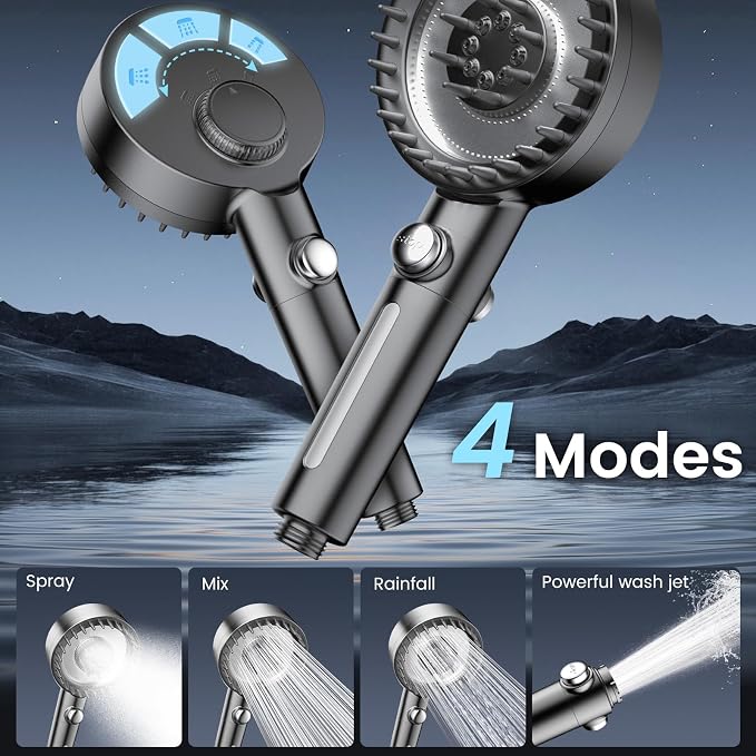Filtered Shower Head with Handheld, High Pressure Showerhead with Filters | 4 Spray, ON/OFF Switch for Pets, Detachable Shower Heads with Water Softener Filter Beads for Hard Water- Remove Chlorine