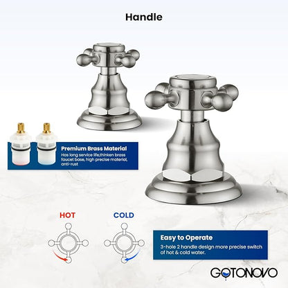gotonovo 3 Hole Widespread Bathroom Sink Faucet Double Cross Handle Mixer Tap Faucet for Bathroom Sink Vanity Faucet Deck Mount Basin Hot Cold Water Matching Pop Up Drain Brushed Nickel