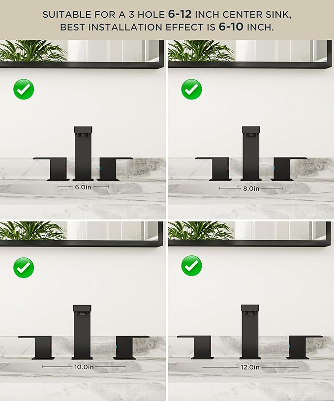 QFN Lead-Free Matte Black Bathroom Faucet 3 Hole, Square Bathroom Sink Faucet 8 Inch Widespread, 2 Handle for 6"-12" Vanity Sink with Metal Pop Up Drain and 24" cUPC Supply Hoses