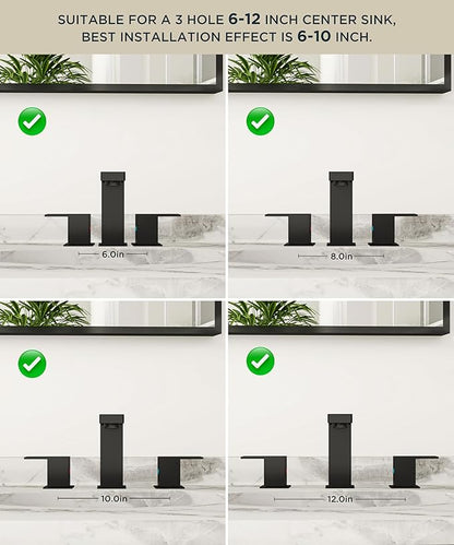 QFN Lead-Free Matte Black Bathroom Faucet 3 Hole, Square Bathroom Sink Faucet 8 Inch Widespread, 2 Handle for 6"-12" Vanity Sink with Metal Pop Up Drain and 24" cUPC Supply Hoses