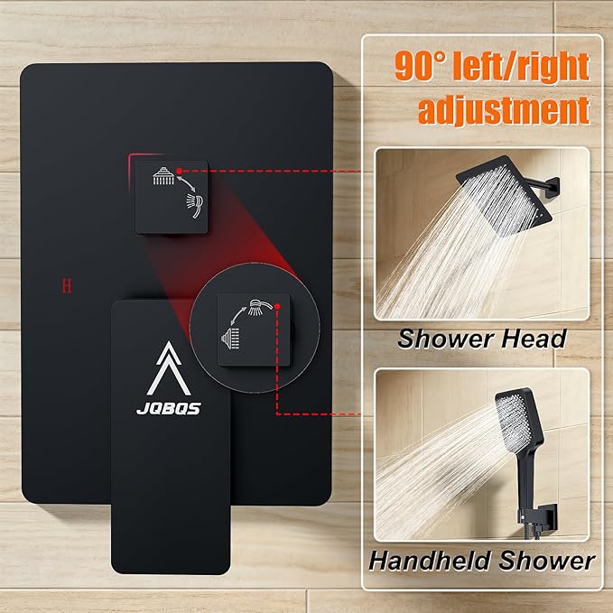 Shower System Modern Rain 8 inches Brass Faucet Set With Valve and Diverter Shower Mixer With Handheld High Pressure Square Rainfall Shower Valve (8'' Wall Mount, Matte Black)