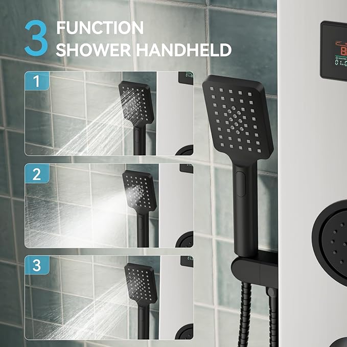 5 in 1 Brushed Nickel Shower Panel Tower System With Storage Shelf, 304 Stainless Steel Shower Tower with Rainfall Shower Handheld and Tub Spout, Powerful Body Jets, Wall-Mounted Shower Set