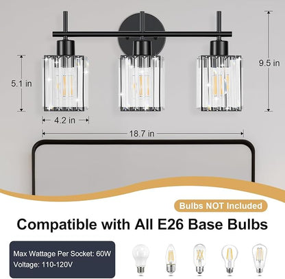 Black Bathroom Light Fixtures, Square, 3-Light | Vanity Lights with Crystal Shades, Modern Bathroom Lighting Fixtures over Mirror (Bulbs Not Included, E26)