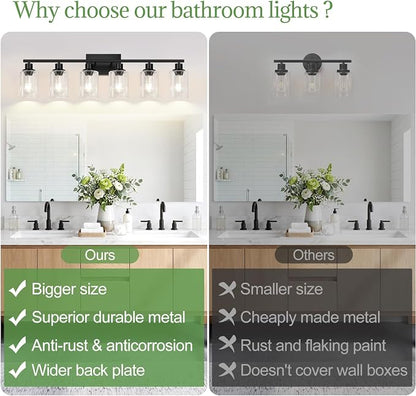 Indoi 6-Light Bathroom Light Fixtures, Matte Black Modern Vanity Lights with Clear Glass Shades, Bathroom Wall Lamp for Mirror Living Room Cabinet Bedroom Porch