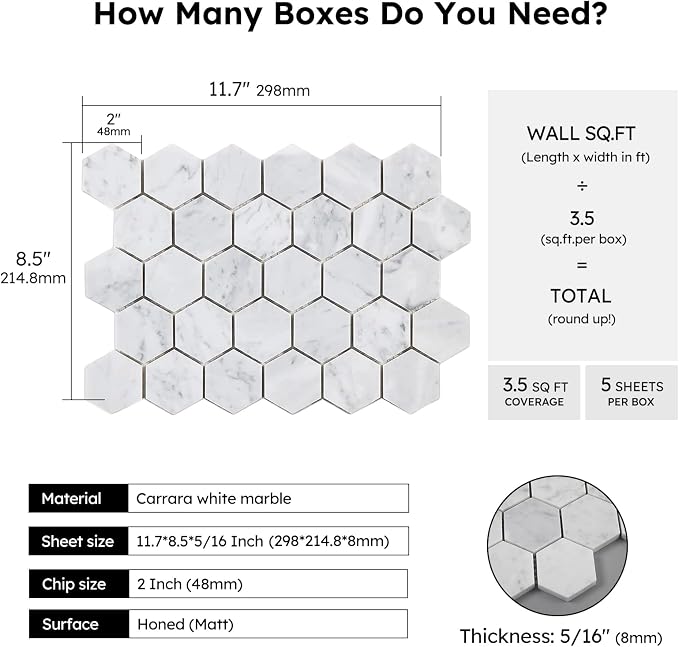 Carrara White Marble Mosaic Tile, 2 Inch Hexagon, Matte, Italian Bianco Carrera Marble Backsplash Tiles for Kitchen Bathroom Wall Floor, Pack of 5 Sheets | Natural Bianco Carrera, Marble Stone Backsplash Tiles for Kitchen, Bathroom, Shower Wall and Floor