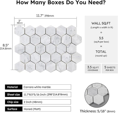 Carrara White Marble Mosaic Tile, 2 Inch Hexagon, Matte, Italian Bianco Carrera Marble Backsplash Tiles for Kitchen Bathroom Wall Floor, Pack of 5 Sheets | Natural Bianco Carrera, Marble Stone Backsplash Tiles for Kitchen, Bathroom, Shower Wall and Floor