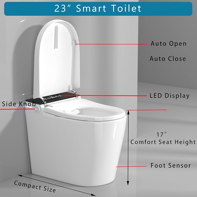 WinZo 23" Compact Smart Toilet with Bidet Seat Built-in For Small Bathroom, Auto Flush, LED Night Light,Heated Bidet with Warm Air Drying (White with Black Panel) (12'' Rough-in Black)