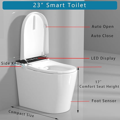 WinZo 23" Compact Smart Toilet with Bidet Seat Built-in For Small Bathroom, Auto Flush, LED Night Light,Heated Bidet with Warm Air Drying (White with Black Panel) (12'' Rough-in Black)