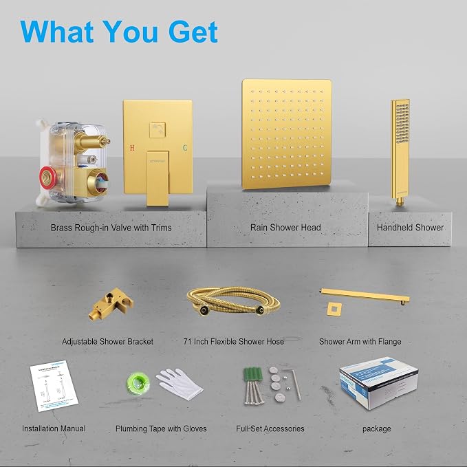 EMBATHER Brushed Gold Shower System- 12 inch Shower Faucet Sets with Rain Shower Head Hand Held Shower Head for Bathroom, Wall Mounted Square Shower Combo Set (Contain Shower Valve and Trim)