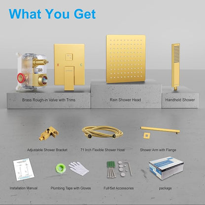 EMBATHER Brushed Gold Shower System- 12 inch Shower Faucet Sets with Rain Shower Head Hand Held Shower Head for Bathroom, Wall Mounted Square Shower Combo Set (Contain Shower Valve and Trim)