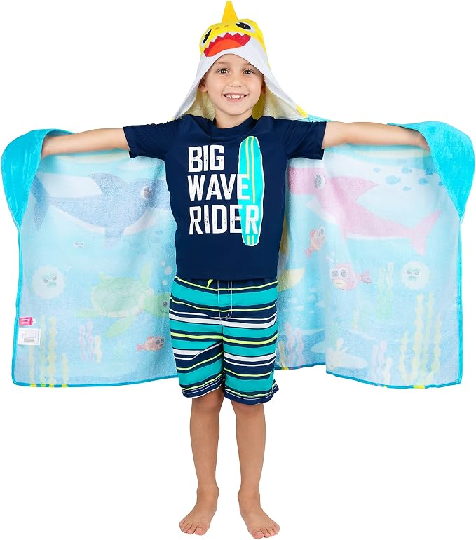 Franco Baby Shark Bath/Pool/Beach Soft Cotton Terry Hooded Towel Wrap, 24 in x 50 in, Kids