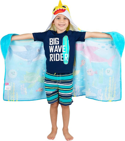 Franco Baby Shark Bath/Pool/Beach Soft Cotton Terry Hooded Towel Wrap, 24 in x 50 in, Kids