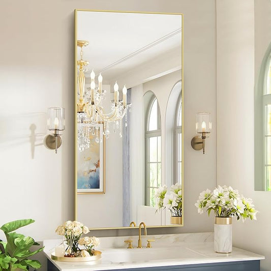 48x24In Gold Bathroom Mirror for Wall, Brushed Gold Rectangle Mirrors with Metal Frame, Bathroom Rectangular Mirror Modern Wall Mirror for Bedroom Living Room, Hangs Horizontal or Vertical