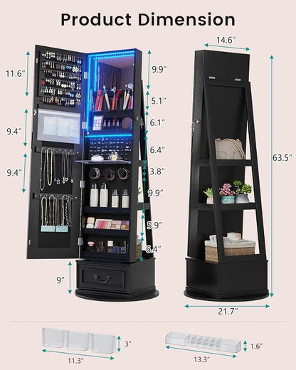 Vlsrka Jewelry Armoire with Full Length LED Mirror, 360° Swivel, Black | Standing Mirror with Storage, Lockable Jewelry Cabinet with Touch Screen & RGB Modes for Small Bedroom Spaces, Gift for Women