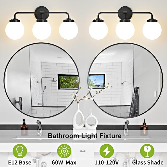 Bathroom Light Fixtures 22.4in 3-Light Matte Black Vanity Lights for Mirror | Dimmable Bathroom Lighting Fixtures over Mirror, ETL, E12 Base Max 60W, Modern Wall Sconce, Milky White Glass Ball Shades