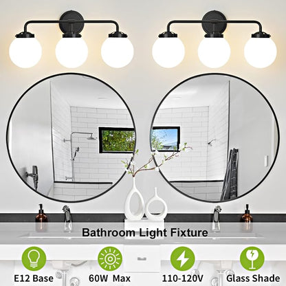 Bathroom Light Fixtures 22.4in 3-Light Matte Black Vanity Lights for Mirror | Dimmable Bathroom Lighting Fixtures over Mirror, ETL, E12 Base Max 60W, Modern Wall Sconce, Milky White Glass Ball Shades