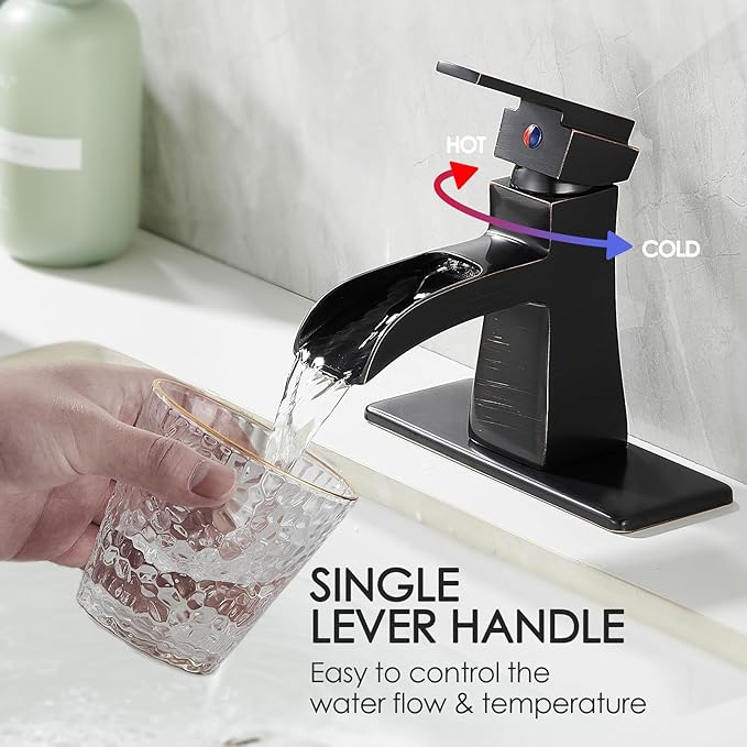 Oil-Rubbed Bronze Waterfall Bathroom Faucet, Sanliv Single Handle Centerset Bathroom Sink Faucet with Pop-Up Drain & Deck Plate for 1 or 3-Hole (4 inch) Installation, Bronze Vanity Faucet, ORB