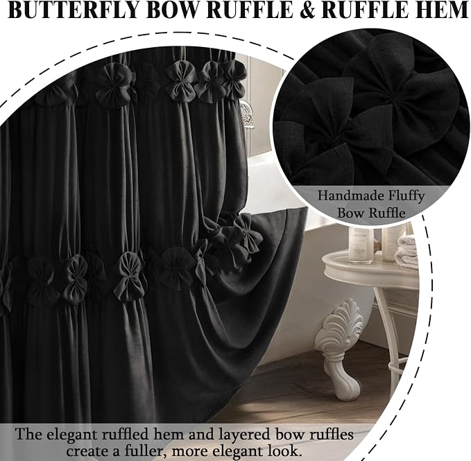 Ruffle Farmhouse Linen Shower Curtain with Vintage Black Linen 72"W x 72"H | Linen Blend Fabric, Ruffle Bow and Ruffled Hem，Linen Texture，Machine Washable，12 Metal Holes and Plastic Hooks
