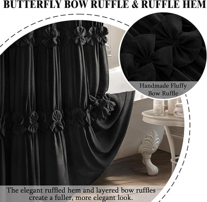 Ruffle Farmhouse Linen Shower Curtain with Vintage Black Linen 72"W x 72"H | Linen Blend Fabric, Ruffle Bow and Ruffled Hem，Linen Texture，Machine Washable，12 Metal Holes and Plastic Hooks