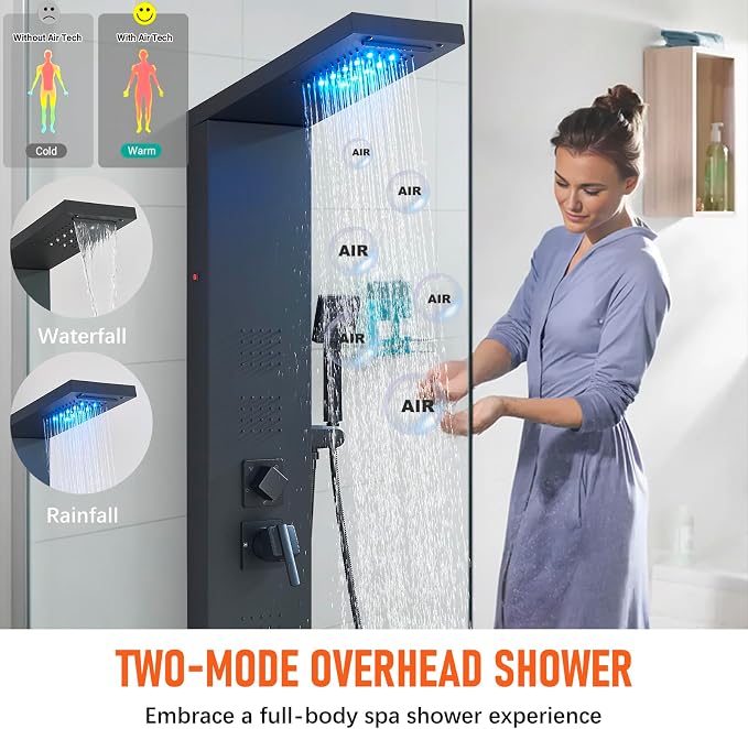 FUZ Shower Panel Tower System, Stainless Steel 5 IN 1 Shower Panel System with LED Fancy Rain Shower Head and Handheld, Adujstable Rainfall Massage Body Jets and Tub Spout, Matte Black Shower Tower