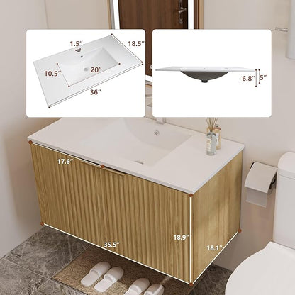 Modern Bathroom Vanity with Wavy Textured Doors - Wall Mounted Floating Cabinet, Soft-Close Waterproof Storage for Small Bathroom, Easy Install (Nature with Sink, 36)