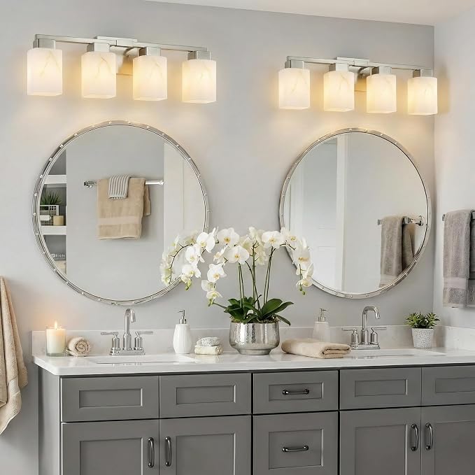 4-Light Square Bathroom Light Fixture, Brushed Nickel Modern Vanity Light with White Marble Glass Shade, for Bathroom Mirror, Living Room, Bedroom, Hallway, E26 Base