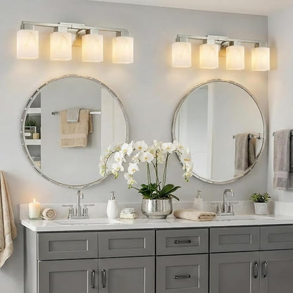 4-Light Square Bathroom Light Fixture, Brushed Nickel Modern Vanity Light with White Marble Glass Shade, for Bathroom Mirror, Living Room, Bedroom, Hallway, E26 Base