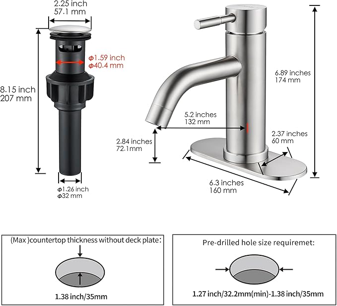 Single Hole Bathroom Sink Faucet Brushed Nicke, Modern Single Handle Bathroom Faucet Commercial Stainless Steel Basin Faucet with Drain