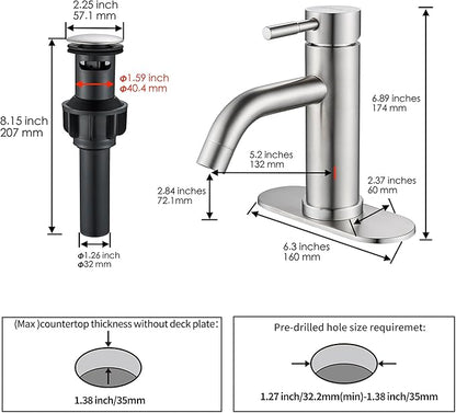 Single Hole Bathroom Sink Faucet Brushed Nicke, Modern Single Handle Bathroom Faucet Commercial Stainless Steel Basin Faucet with Drain