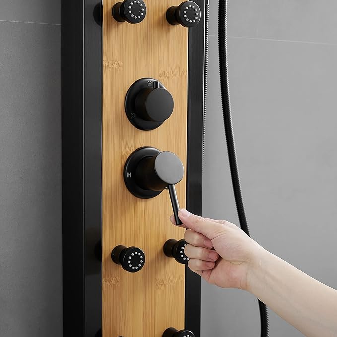 BWE Shower Massage Panel Black 8-Jet Multifunction Shower Panel System Bamboo Wood and Stainless Steel Panel with Handheld Wand Wall Mount Shower Column