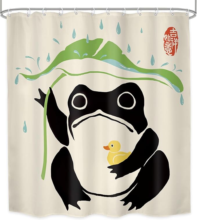 LGhtyro Funny Frog Shower Curtain Bathroom Set 71Wx84H Inches Asian Traditional Art Japanese Duck Extra Long Bath Accessories Cute Animal Taking Lotus Leaf Rain Art Home Decor Fabric 12 Pack Hooks
