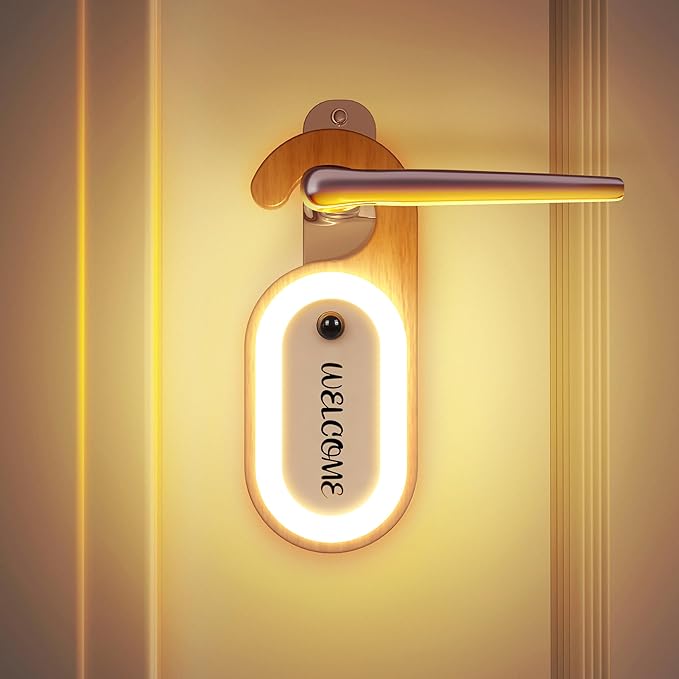 Motion Sensor LED Night Light, Wooden Door Lock Light with Touch Switch, Battery Powered, White and Beech