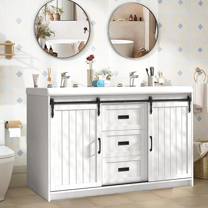 47 inch Bathroom Sink Vanity Combo, Large Freestanding Double Bath Vanity Sink Set with 2 Drawers & 2 Sliding Doors,Dual Basin Bathroom Storage Cabinet,Grey