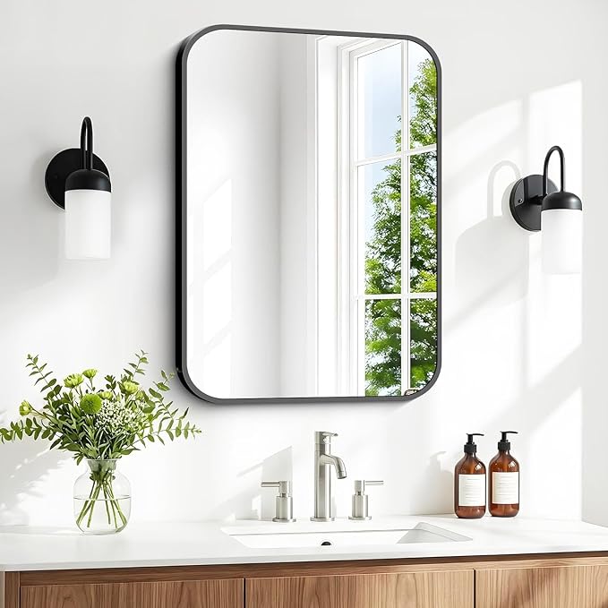 BONEWEI 16x20 inch Bathroom Mirror,Black Rectangle Mirror,Wall Mounted Bathroom Frame Vanity Mirror with Round Corner for Bedroom Living Room,Entryway Hangs Horizontal or Vertical
