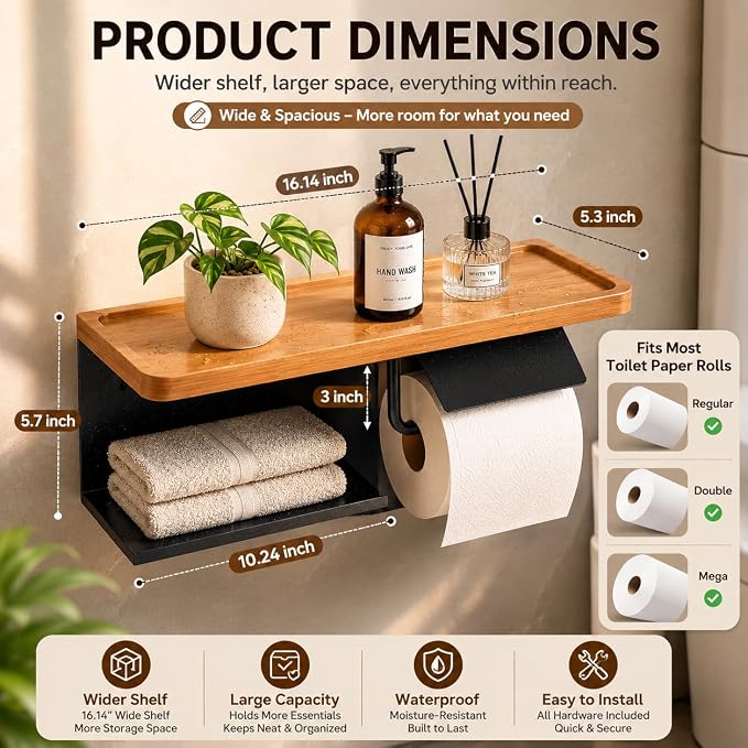 Toilet Paper Holder with Wide Solid Wood Shelf, Wall Mounted Matte Black | 16" X 5.3" Double Roll Holder Fits Phone & Large Wipes Storage | Rust-Resistant for Rustic Farmhouse Bathrooms Organizer