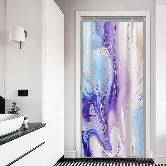 Stall Shower Curtain, Purple and Blue Marble Small Bathroom Curtain Modern Abstract Waterproof Narrow Shower Curtain Set with Hooks, 36x72 Inch