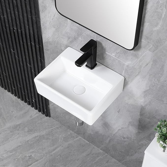 Small Vessel Sink 15"x12" Wall Mount Bathroom Sink Rectangular White Porcelain Ceramic Mini Floating Tiny Bathroom Wall Mounted RV Sink