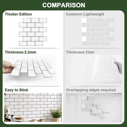 Peel and Stick Backsplash for Kitchen, 3D Subway Thicker 10 Tiles | 12''x12'' Self Adhesive Back Splash for Kitchen, Bathroom, White With Black Grout